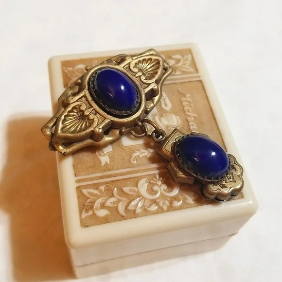 Antique Victorian Reppousse Cobalt Glass Lavaliere Brooch - Picture 6 of 6